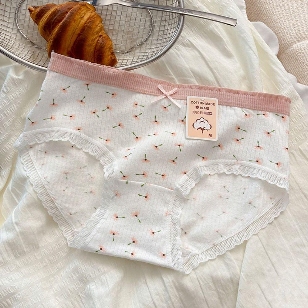 5Pcs Bowknot Lace Flower Panties Mid Waist Underwear for Women Soft Sweet Floral Briefs Lady