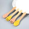Silicone Baby & Toddler Tableware with Wooden Handle Fork & Spoon for Feeding Training