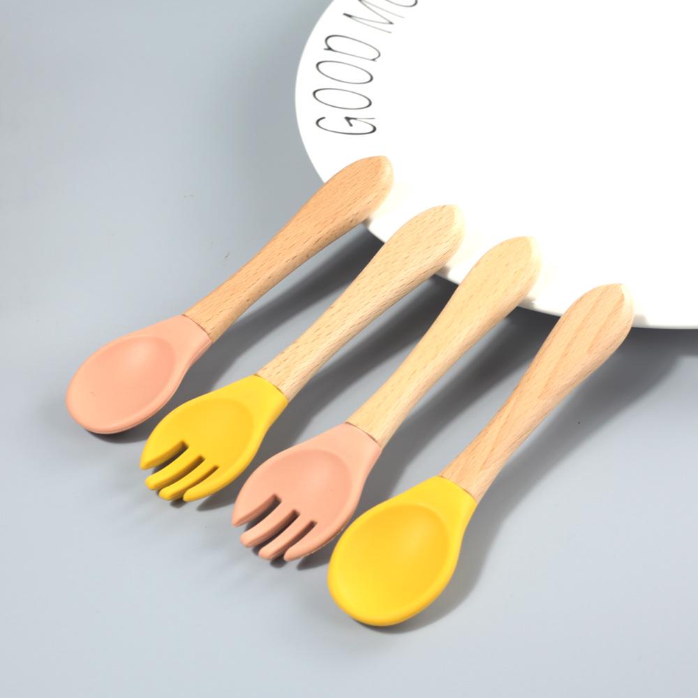 Silicone Baby & Toddler Tableware with Wooden Handle Fork & Spoon for Feeding Training