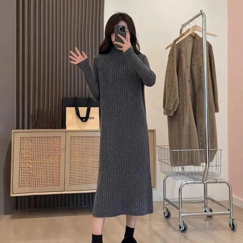 Versatile Semi-turtleneck Knitted Dress Women's Autumn and Winter New Basic Loose and Thin Medium and Long Sweater Skirt