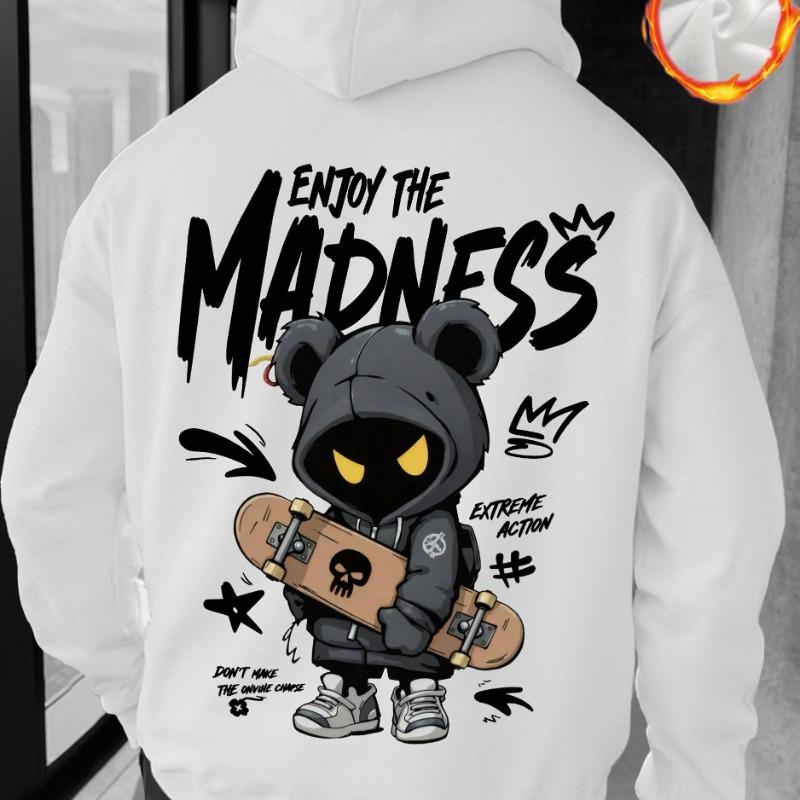 Classic Hand-Drawn Cartoon Character Pattern Letter Print, Fashionable Casual Sports Hoodie, Loose, Comfortable and Warm Style