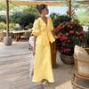 European and American new V-neck bubble sleeve lace-up top high waist skirt set