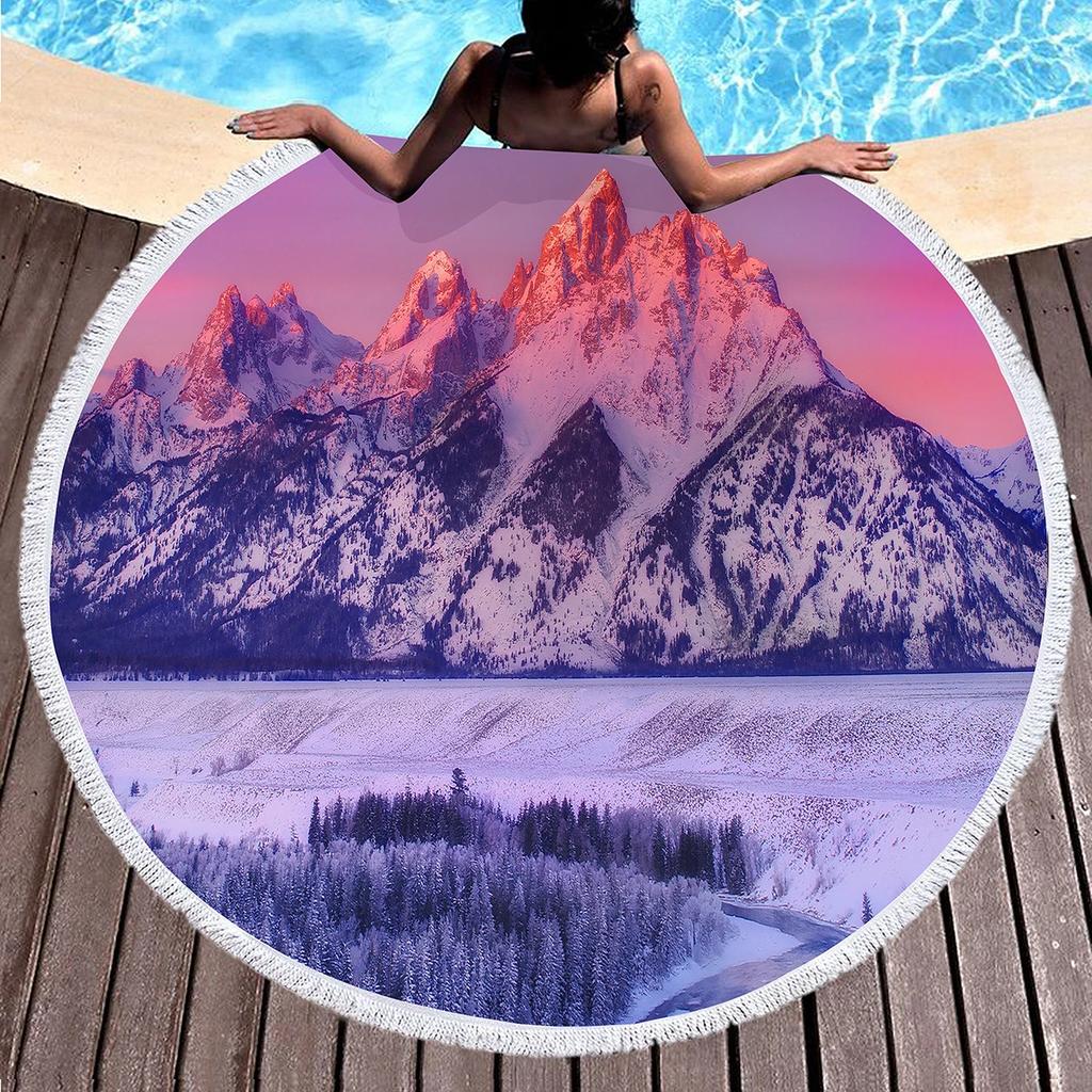 Snow Mountain Round Beach Towel Microfiber Nature Scenery Beach Blanket Absorbent Quick Dry Sand Free Bath Towel Picnic Yoga Mat