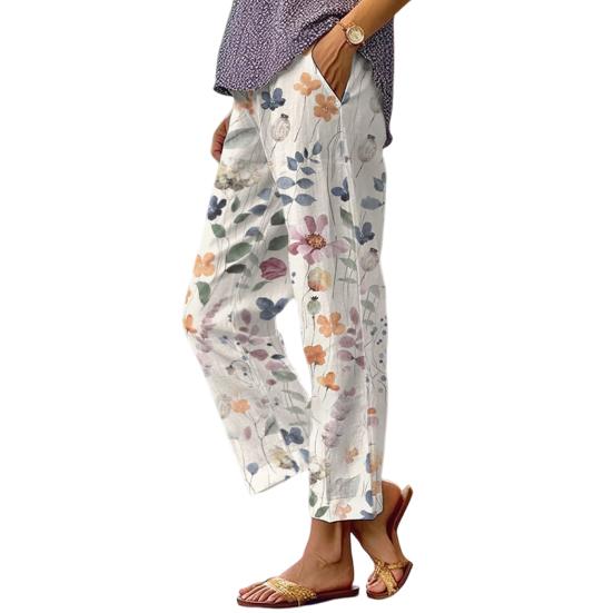 

Women Casual Pants Elastic High Waist Drawstring Straight Wide Leg Pants Digital Floral Print Beach Office Daily Long Trousers L синий