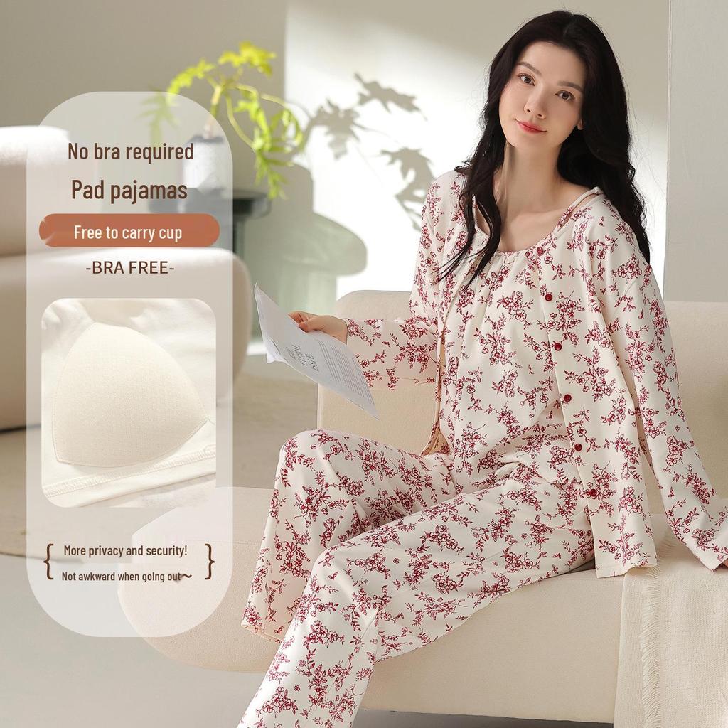Women's Three-Piece Cotton Pajama Set: Spring Fashion, Printed, Comfortable, Breathable, with Chest Pads, Skin-Friendly.