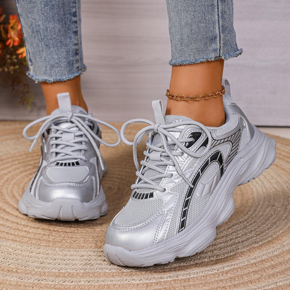 Four Seasons new breathable mesh thick sole inner height increase small sports leisure silver dad shoes 35 серебряный