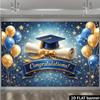 2D plane graduation party backdrop fabric - blue and gold star scroll theme, decorated with bachelor caps and horizontal scrolls