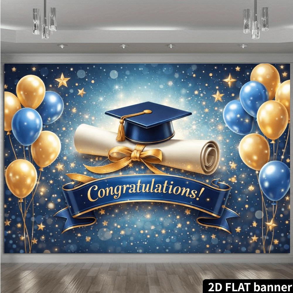 2D plane graduation party backdrop fabric - blue and gold star scroll theme, decorated with bachelor caps and horizontal scrolls