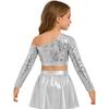 Girls Jazz Dance One Shoulder Long Sleeve Sequins Top Performance Competition Costume