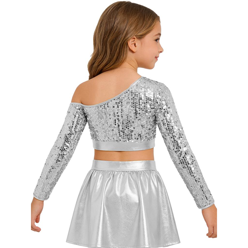 Girls Jazz Dance One Shoulder Long Sleeve Sequins Top Performance Competition Costume