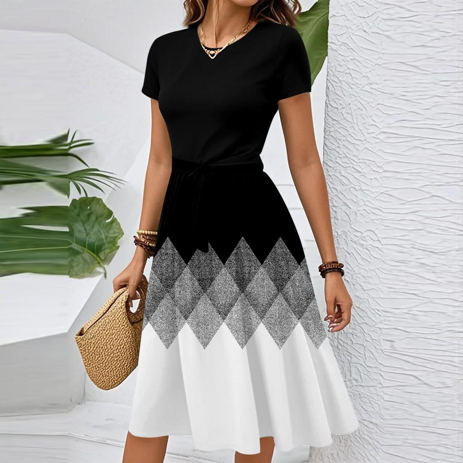 

Женское повседневное модное элегантное платье с поясом и цветочным принтом, коротким рукавом и круглым вырезом XXL чёрный