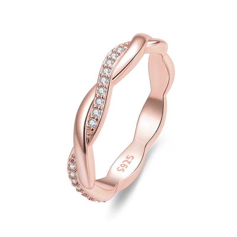 BAMOER 925 Silver Simple Twisted Rope Ring, Gold Plated Cubic Zirconia Eternity Band Stackable for Women Engagement