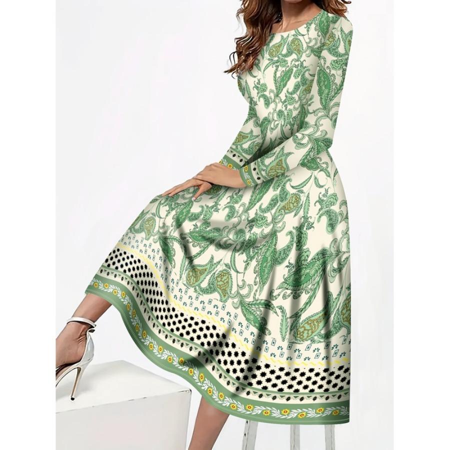 This Year's New Style Elegant Plus Size Floral Print Long Dress for Women - Round Neck, Machine Washable, Opaque - Perfect Choic