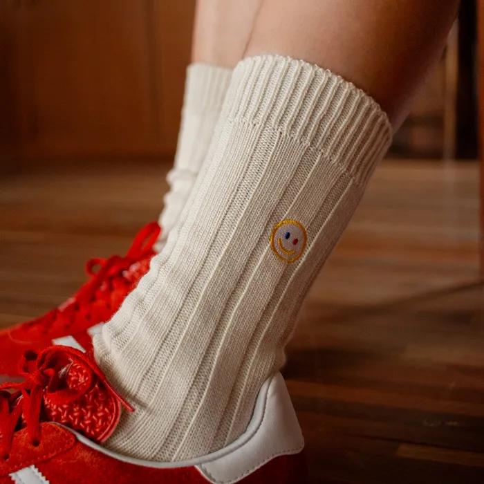 Knit Socks with Smile Embroidery - Beige