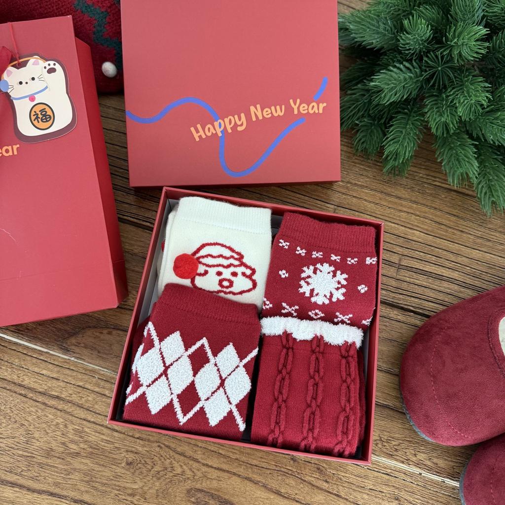 New Year's Festive Red Socks for Women, Autumn and Winter, with Twisted Fleece Balls, Snowflakes, Warm and Comfortable Rabbit Fleece Pile Socks