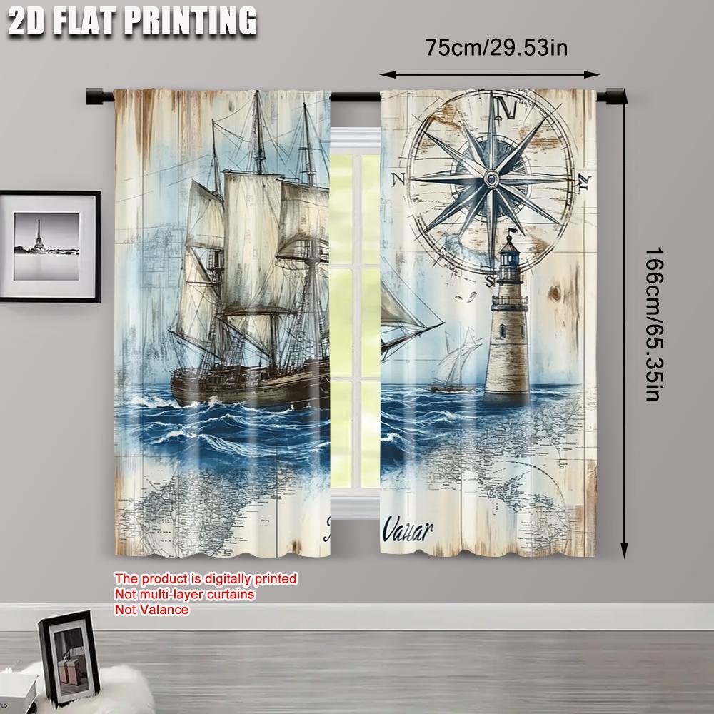 2pcs, Window Curtain 2D Plane Printing 1 To Lighthouse Machine Washable (without Rod) Thermal Insulation, and Room Darkening