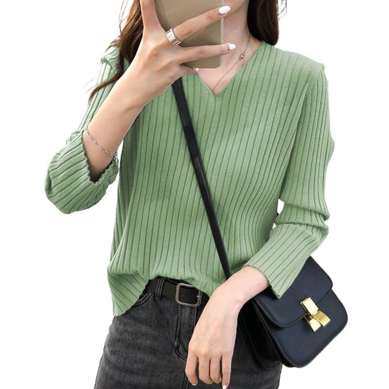 Autumn/Winter Knitwear Sweaters Women’s V-neck Pit Strip Pullover Long Sleeves Bottom Top Casual Knitted Sweater