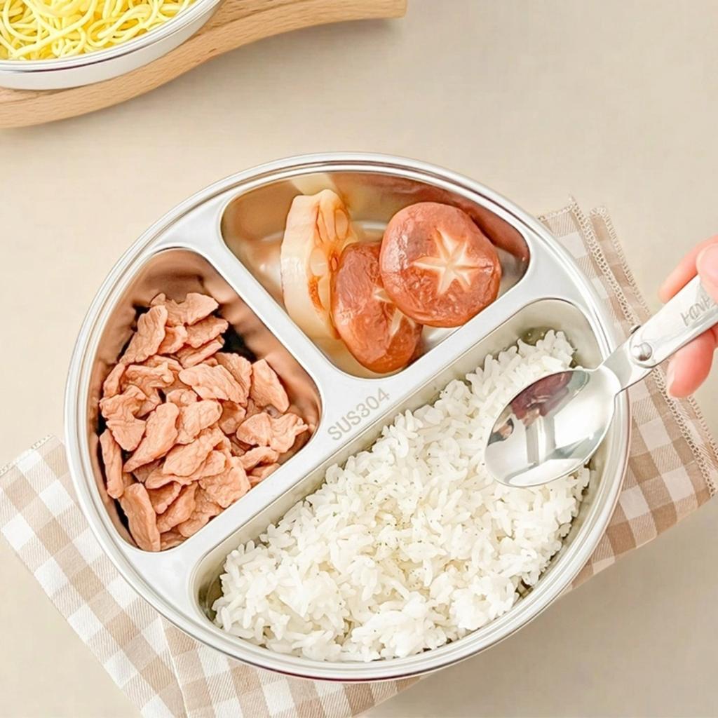 304 Stainless Steel Round Food Plates Stackable Divided Dinner Plate For Kids Students Deepened Fruit Salad Dish Dishwasher Safe