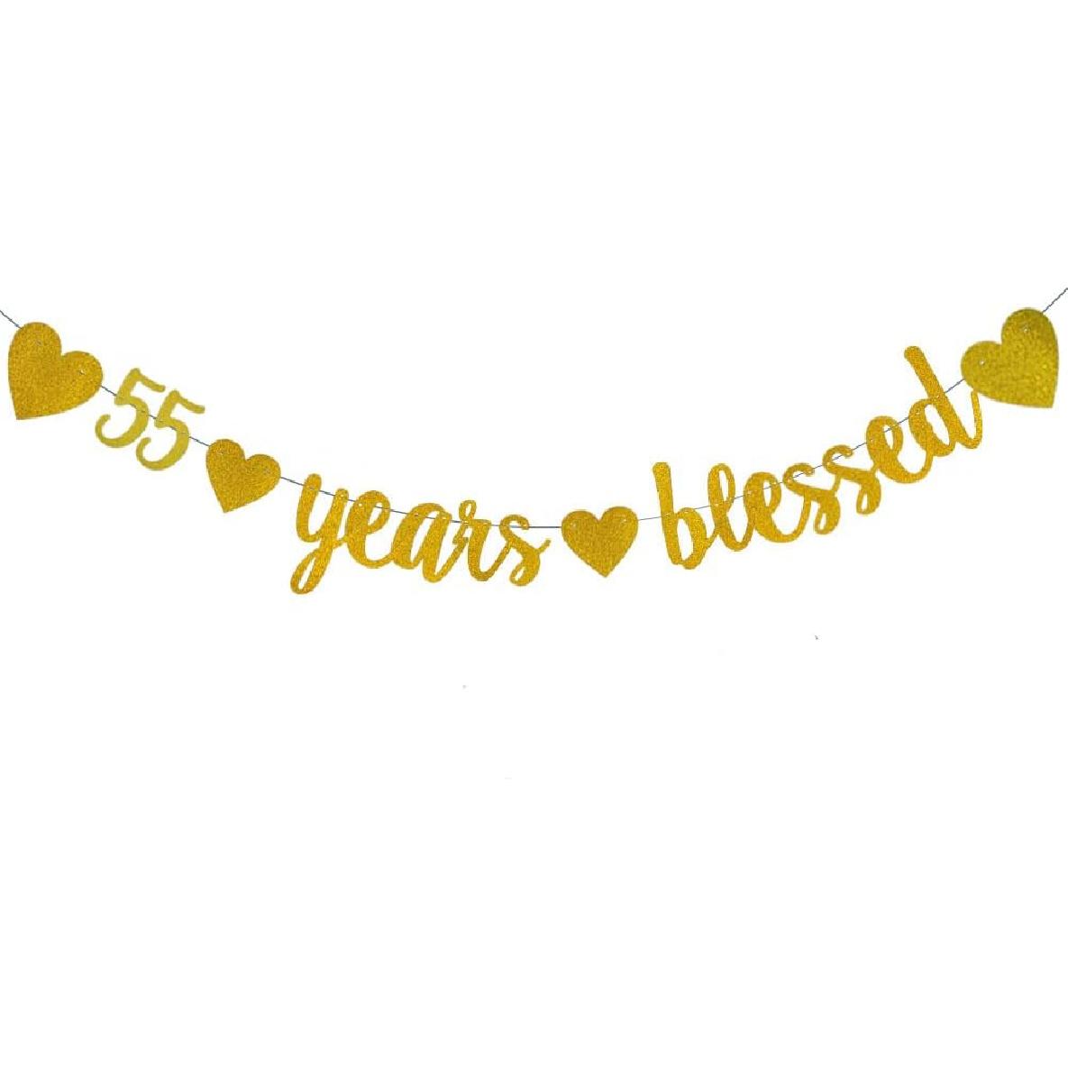 WEIANDBO 55 Years Blessed Gold Glitter Banner,Pre-Strung,55th Birthday/Wedding Anniversary Party Decorations Bunting Sign Backdrops,55 Years blessed