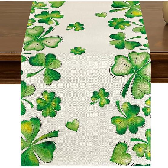 St. Patrick's Day Green Shamrocks Floral Table Runner 13x72 Inch Spring Holiday Four Leaf Clover Kitchen Dining Table Decor for Indoor Outdoor