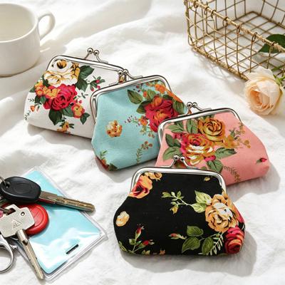 Portamonete Piccolo in Tela Floreale da Donna, Portafoglio Vintage con Chiusura a Bacio, Mini Tasca per Contanti per Carte di Credito, Rossetto