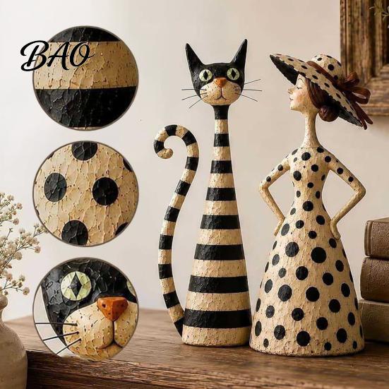 Thoughtful Gifts for Cat Owners Vintage & Lady Resin Sculpture, Artistic Striped Statues, Sculptures Elegant Polka Dot Ornament, Housewarming