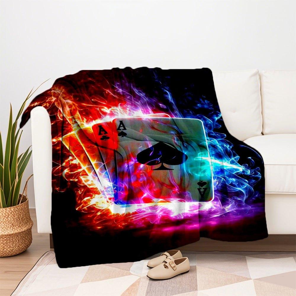 "Flaming Ace of Spades Playing Cards - Neon Poker Deck"Blanket Flannel Throw Blanket for Sofa, Bed, Travel, Camping, Office