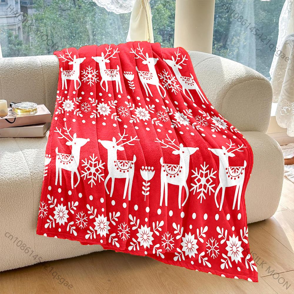 

White Reindeer Snowflakes Floral Pattern Blanket Flannel Material Soft Warm for All Seasons, Home Outdoor Camping Picnics RV 75x90cm