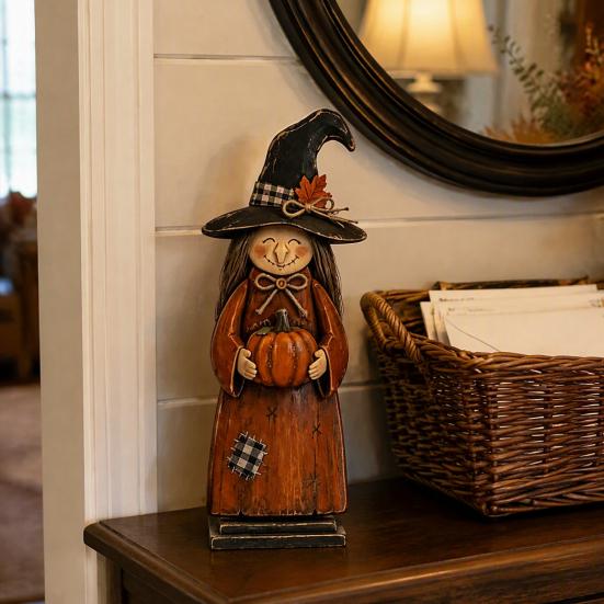 Vintage Wooden Witch Ornaments Figurine, Halloween Statues with Rustic Home Decor Broom Pumpkin Black Cat, Fall Farmhouse Tabletop Decorations