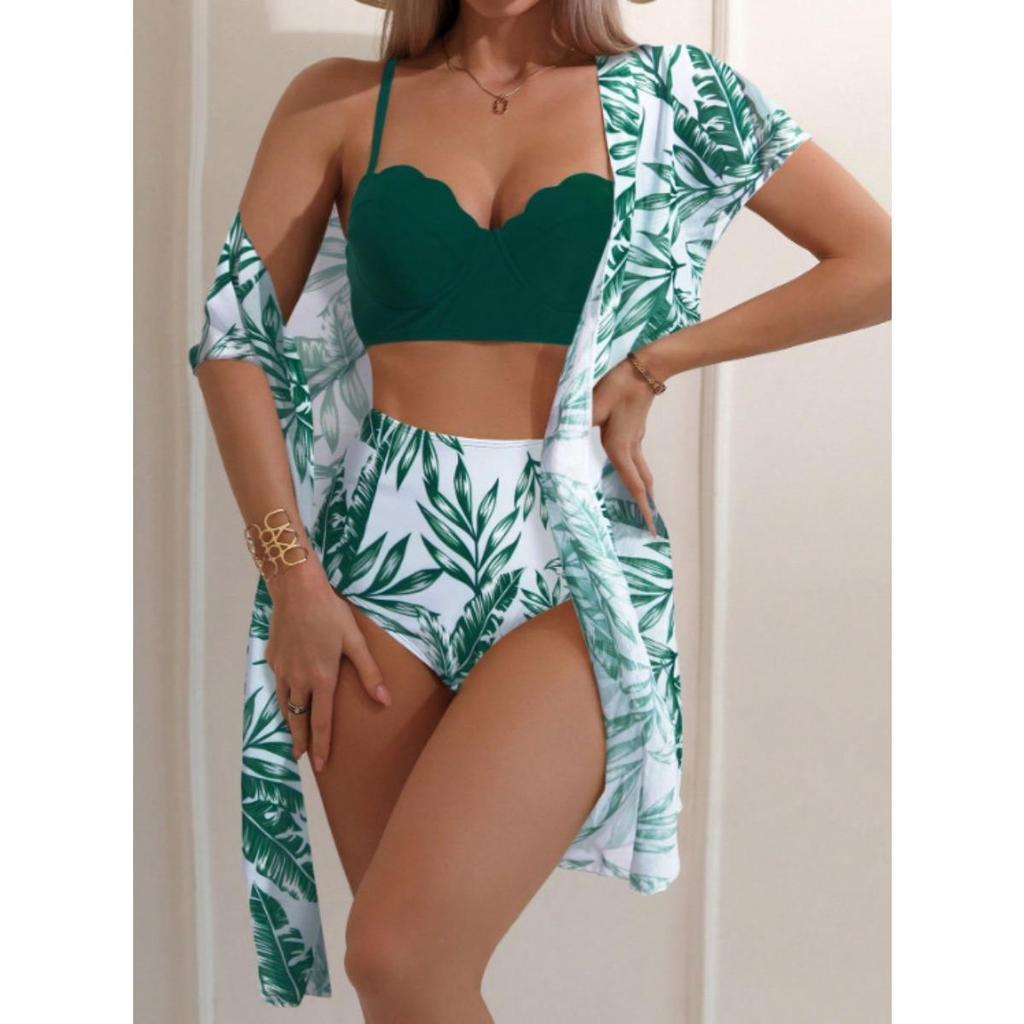1 Set Badpak Bladprint Hoge Taille Mesh Jas Driehoek Slank Makende Bikini Badpak Dames Set