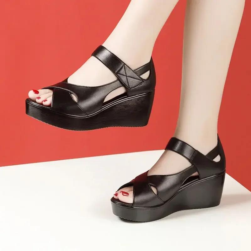 6cm Small Size 32-43 Comfortable Genuine Leather Shoes Med Heels Sandals 2025 Women's Platform Wedges Sandals Office Mom Daily