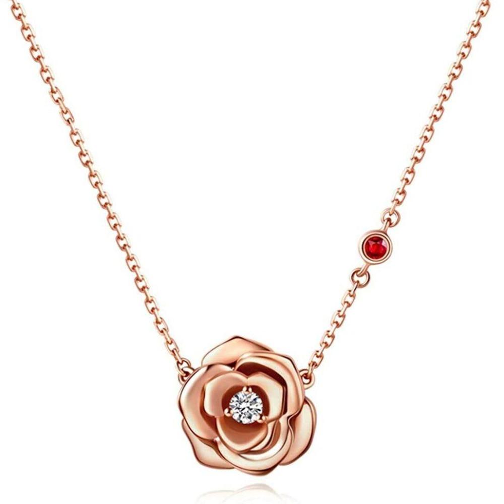 Women 585 Rose Gold Color Cubic Zircon Flower Pendant Necklace for Jewelry Gift