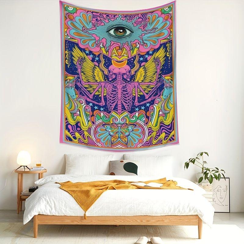 Trippy Psychedelic Rainbow Wing Skeleton Bohemian Tapestry, Colorful Wall Art for Bedroom Living Room Dorm