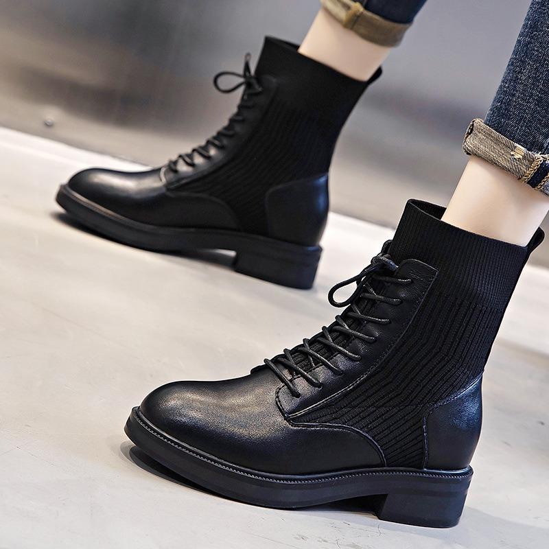 Leather Martin Boots Autumn New Leather Boots Women's Medium Tube Casual Thick Heel Short Boots Women's Socks Thick Sole Women's Boots