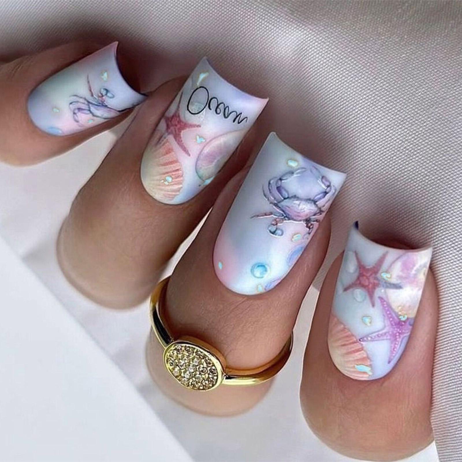 

24 штуки акриловых накладных ногтей синего цвета с 3D-текстурой, накладные ногти с дизайном морской звезды, летний набор для ногтей, полное покрытие, наклейки для ногтей