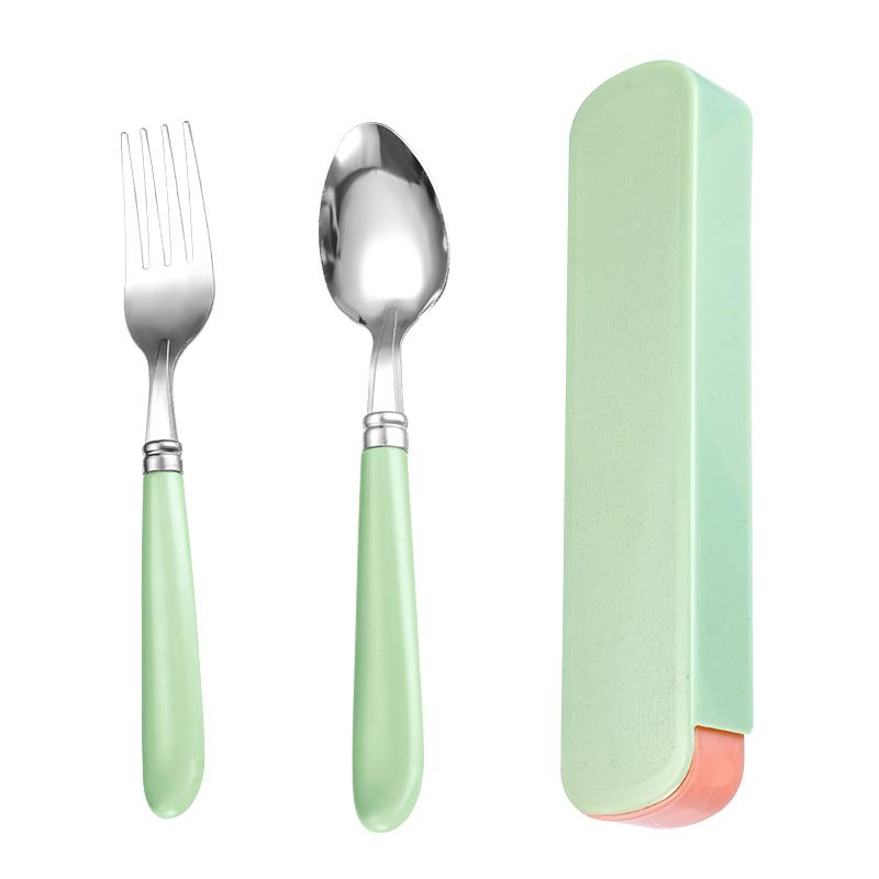 2Pcs/Set Portable Spoon Fork Combination Travel Tableware Set Stainless Steel Dinnerware With Box For Kid School Cutlery
