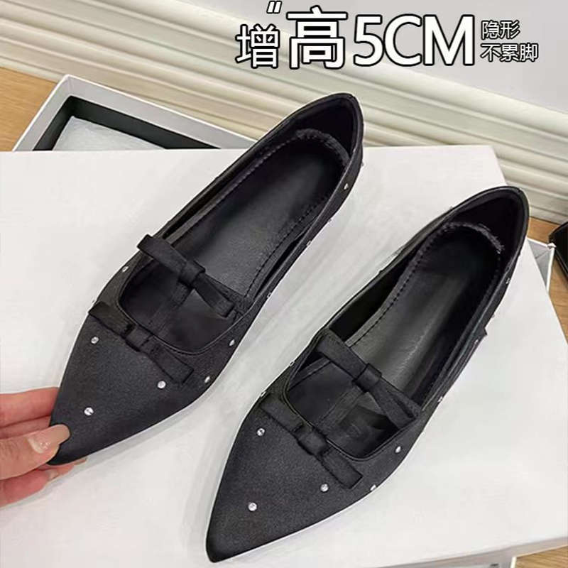 2025 Spring New French Small Inner Height Increase Single Shoes Women's Pointed Head Satin Bow Ballet Shoes Mary Jane Shoes