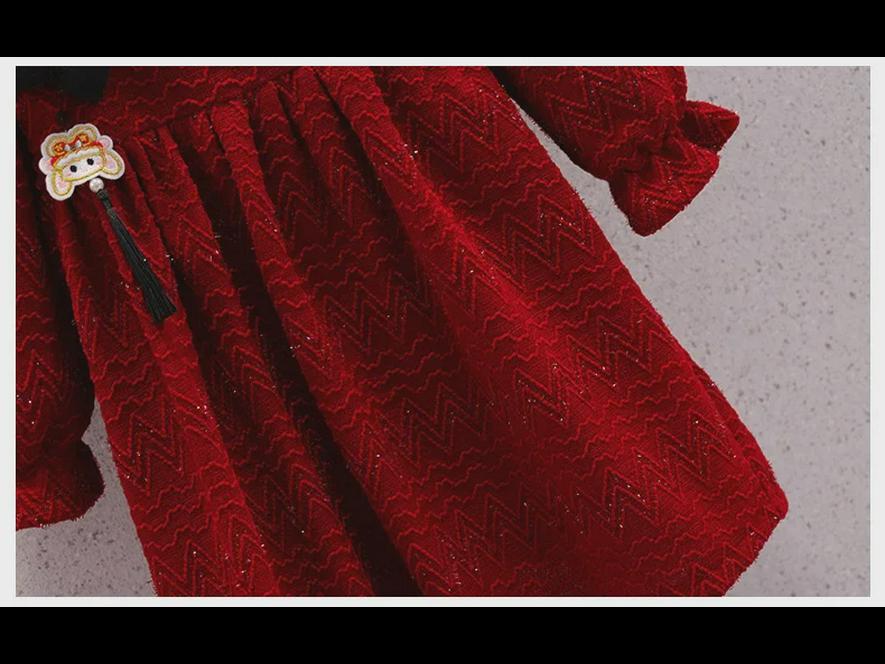 Girls' Red Velvet Cheongsam Dress - Autumn/Winter Fashion for Middle To Large Children