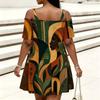 Women Plus Size Cold Shoulder Chain Strap Short Sleeve White Purple Printed Loose Dress