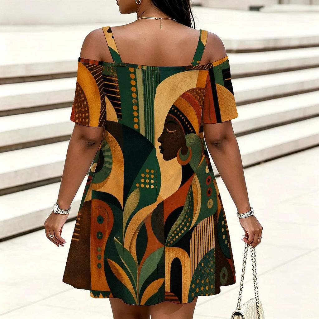 Women Plus Size Cold Shoulder Chain Strap Short Sleeve White Purple Printed Loose Dress