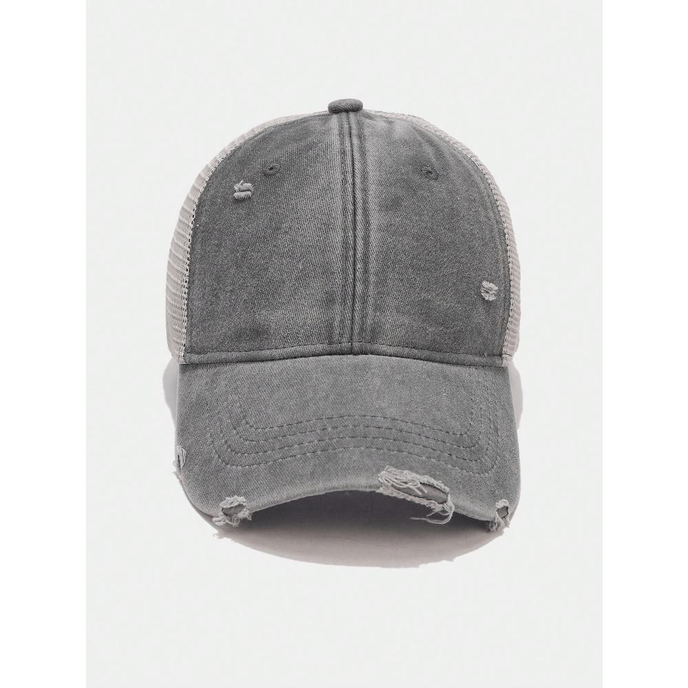 1pc Solid Distressed Perforated Mesh Washed Baseball Cap, Breathable Sun Protection Accessory For Spring/Summer