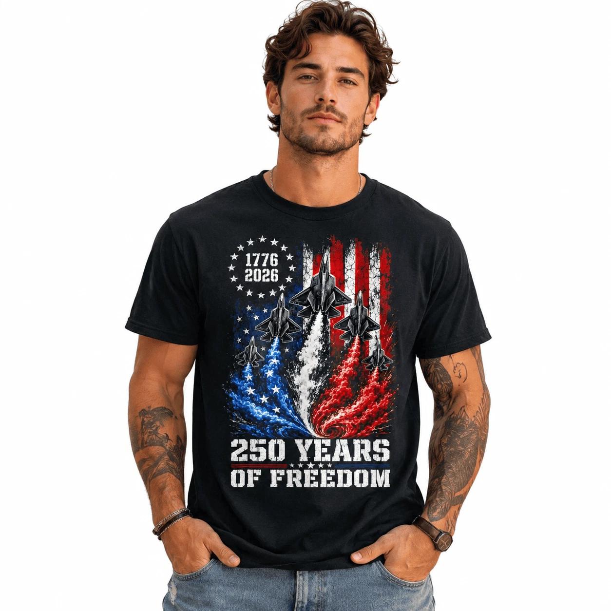 USA 250th Anniversary Flag Fighter Jet 1776-2026 Patriotic T-Shirt XL