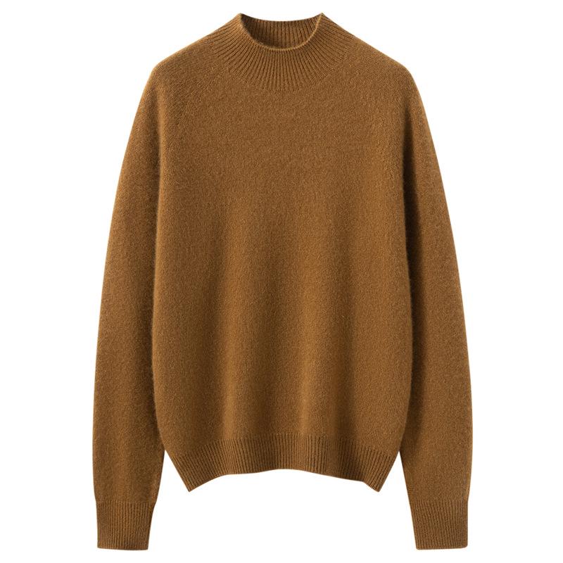 Women's High Neck Solid Color Cashmere Loose Pullover - Long Sleeve Casual Autumn/Winter Knit Sweater