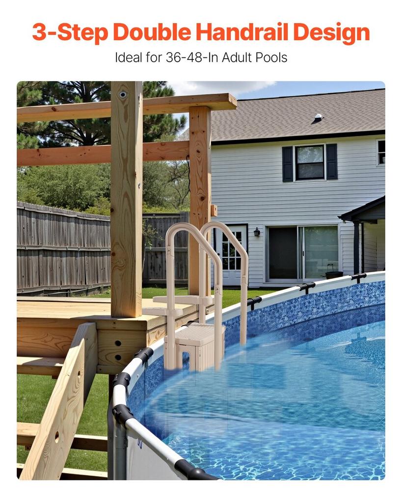 3-Step Taupe Pool Ladder of 2 Handrails Supports 400 Lb for 36-48 In Pools