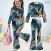Girls Printed Round Neck Long Sleeve Crop Top Flared Pants Two Piece Set
