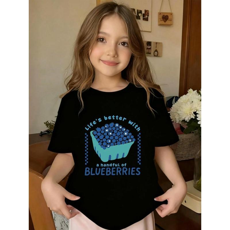 Europäische Größen Cartoon Blaubeer-Print T-Shirt | Rundhals, Lässiges Sommer-Oberteil, Normale Passform
