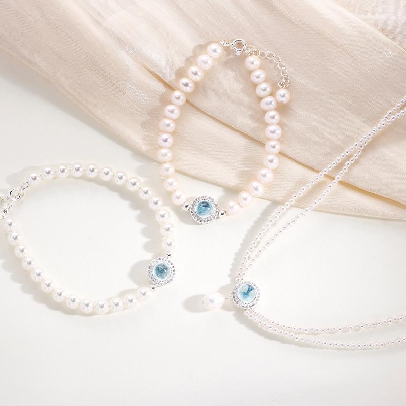 Elegant Double-Layer Clavicle Necklace: S925 Sterling Silver with Aquamarine and Shell Pearls