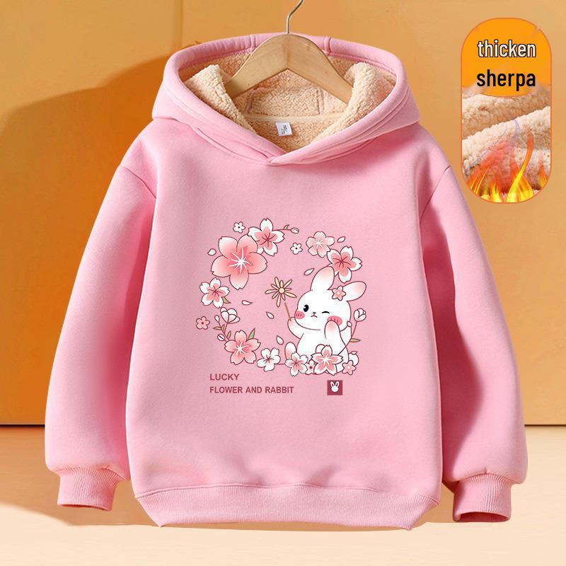 Girls' Plus Velvet Lambswool Hooded Sweatshirt - Warm, Thickened Pullover for Spring 2026 Trend