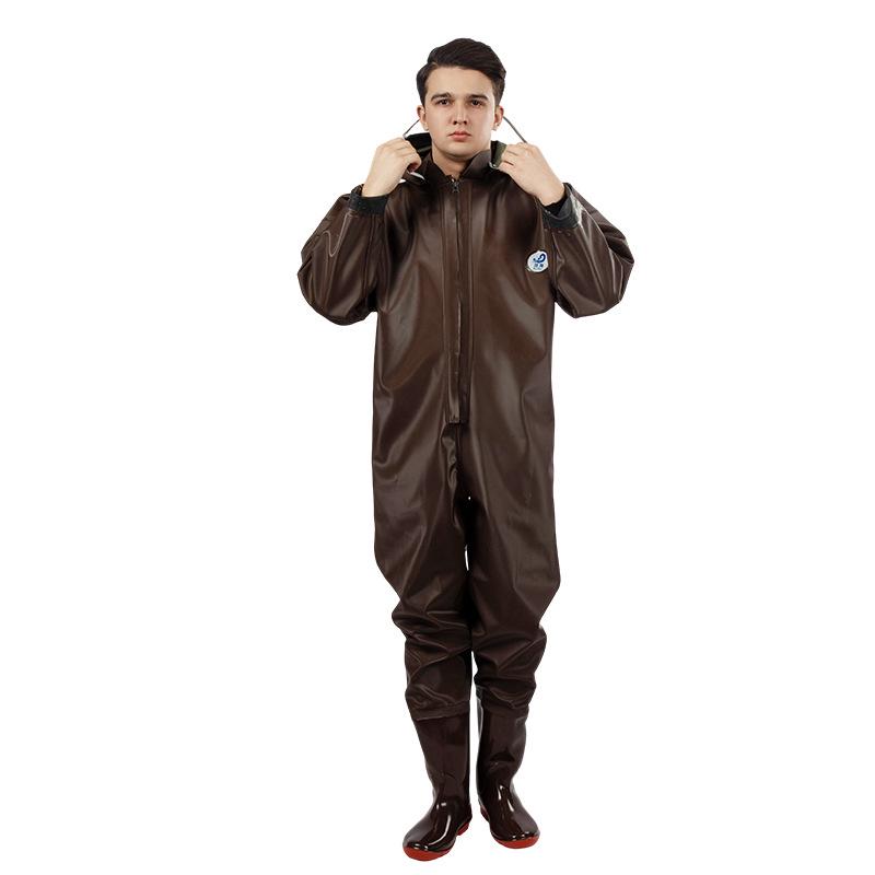 Coffee Waterproof Full-Body Fishing Pants with Boots - Unisex Outdoor Wading Rain Gear Size 45