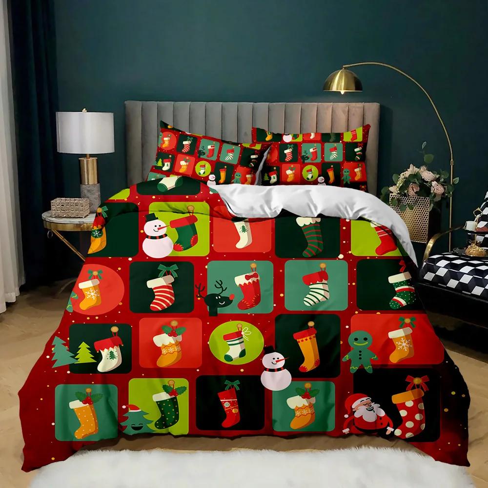 Christmas Duvet Cover Merry Christmas Stocking Comforter Xmas Gifts Bedding Set Kids Happy New Year Candy Polyester Qulit Cover